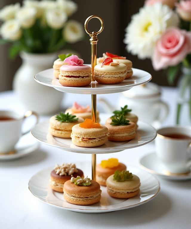 A three-tiered stand of elegant afternoon tea pastries and sandwiches.